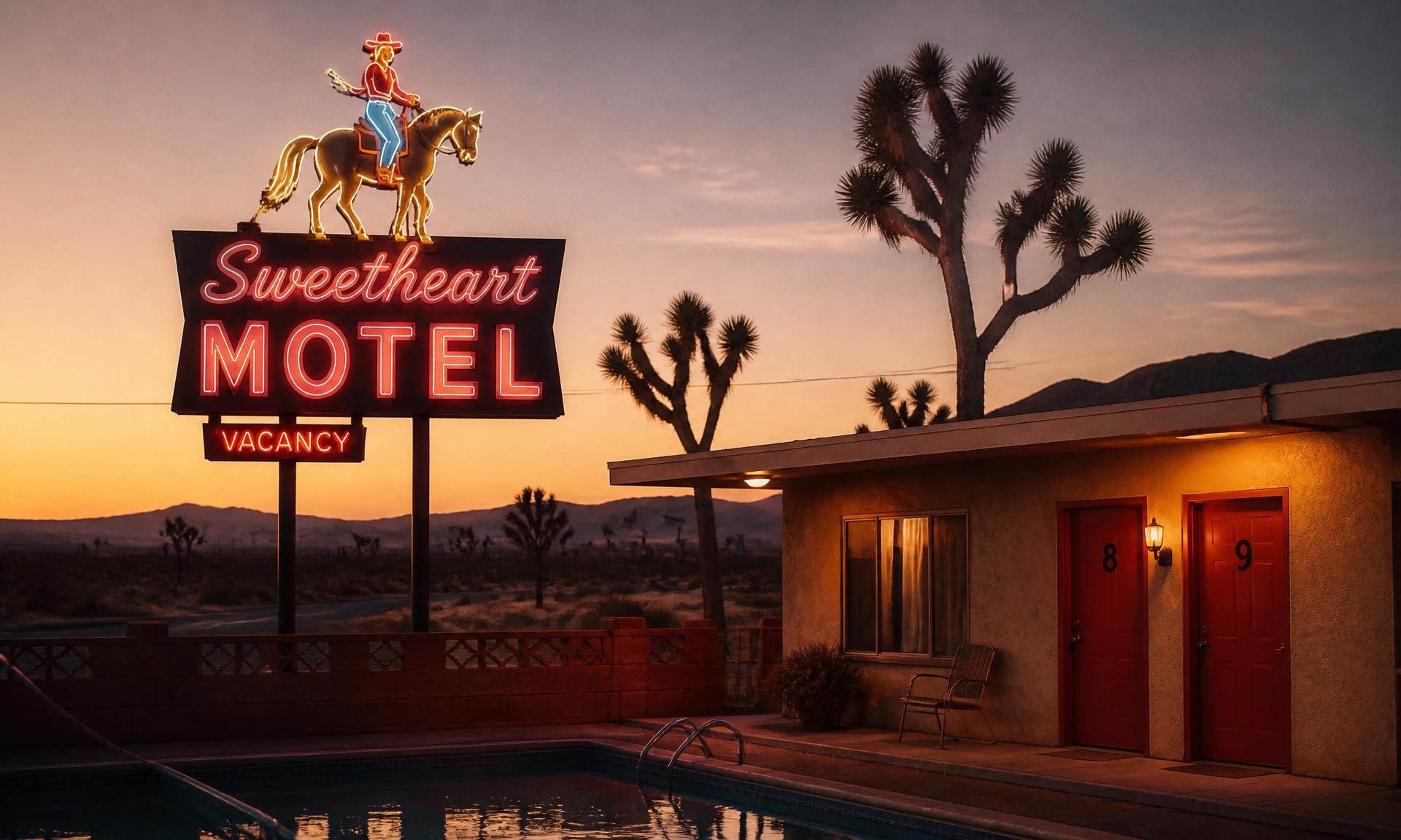 The Sweetheart Motel at sunset in the Texas desert, neon cowboy sign glowing